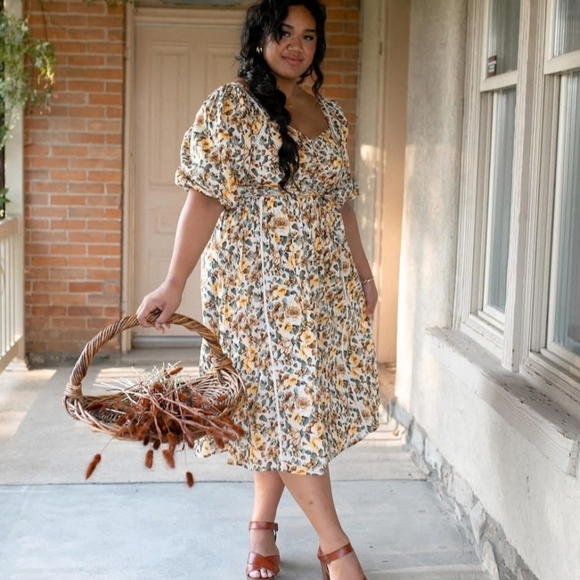 Ivy City Co. Marigold Floral Print Puff Sleeve Midi Dress Size Small Cottagecore - Picture 2 of 11